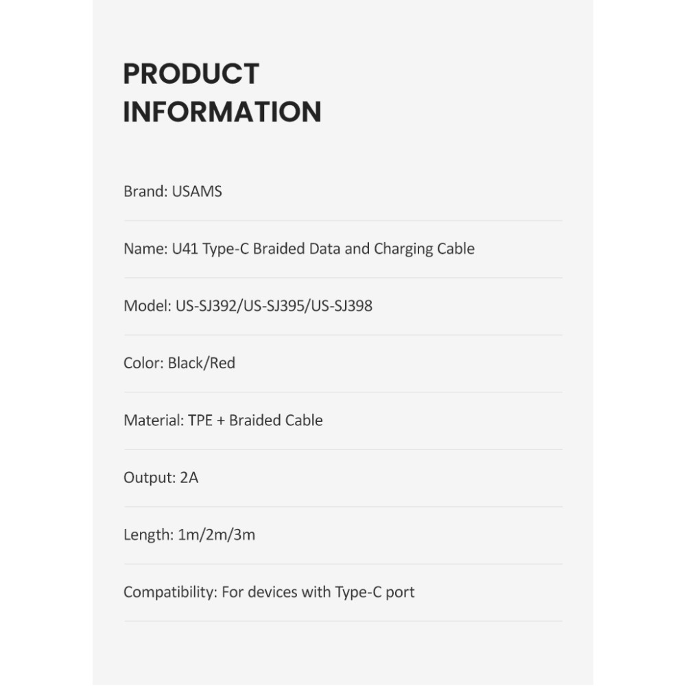 Data Cable Usams US-SJ398 U41 Braided Type-C 3m
