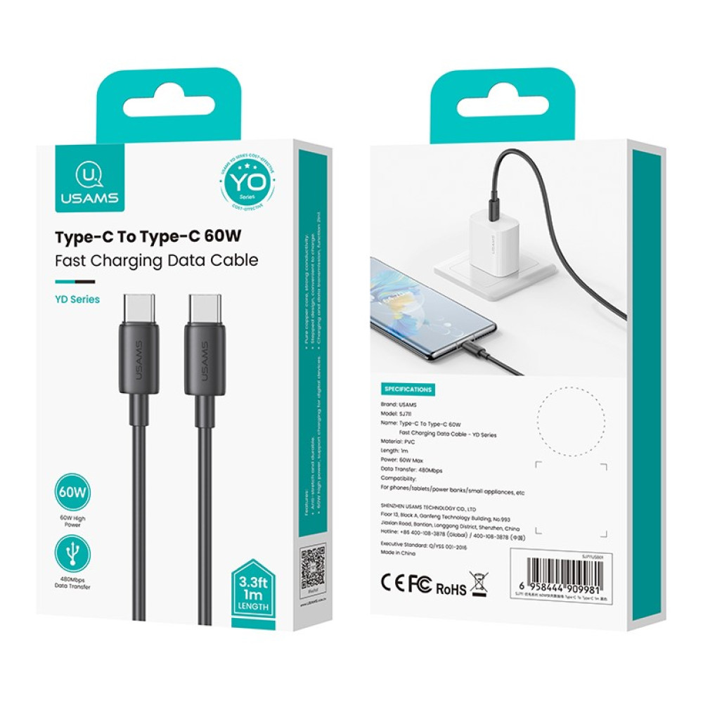 Data Cable Usams  US-SJ711 YD Series Type-C to Type-C 60W 1m