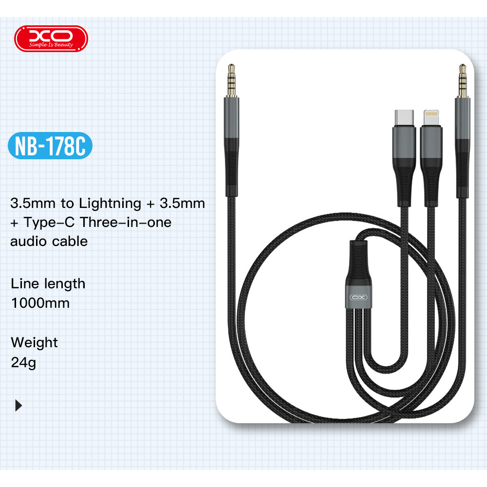 AUX XO NB178C 3in1 audio adapter cable 3.5mm to 3.5mm +Type-C +Lightning 1m