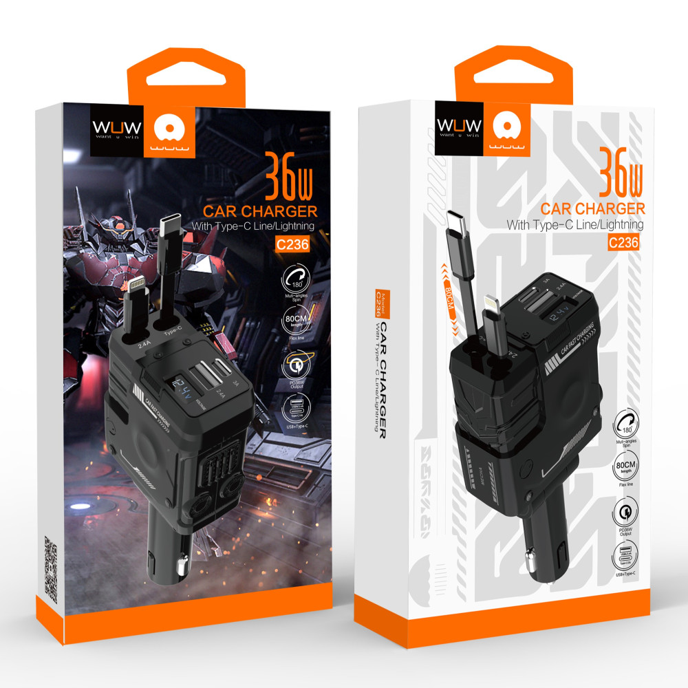 Автомобільний зарядний пристрій WUW C236 36W (with cable Type-C+Lightning)