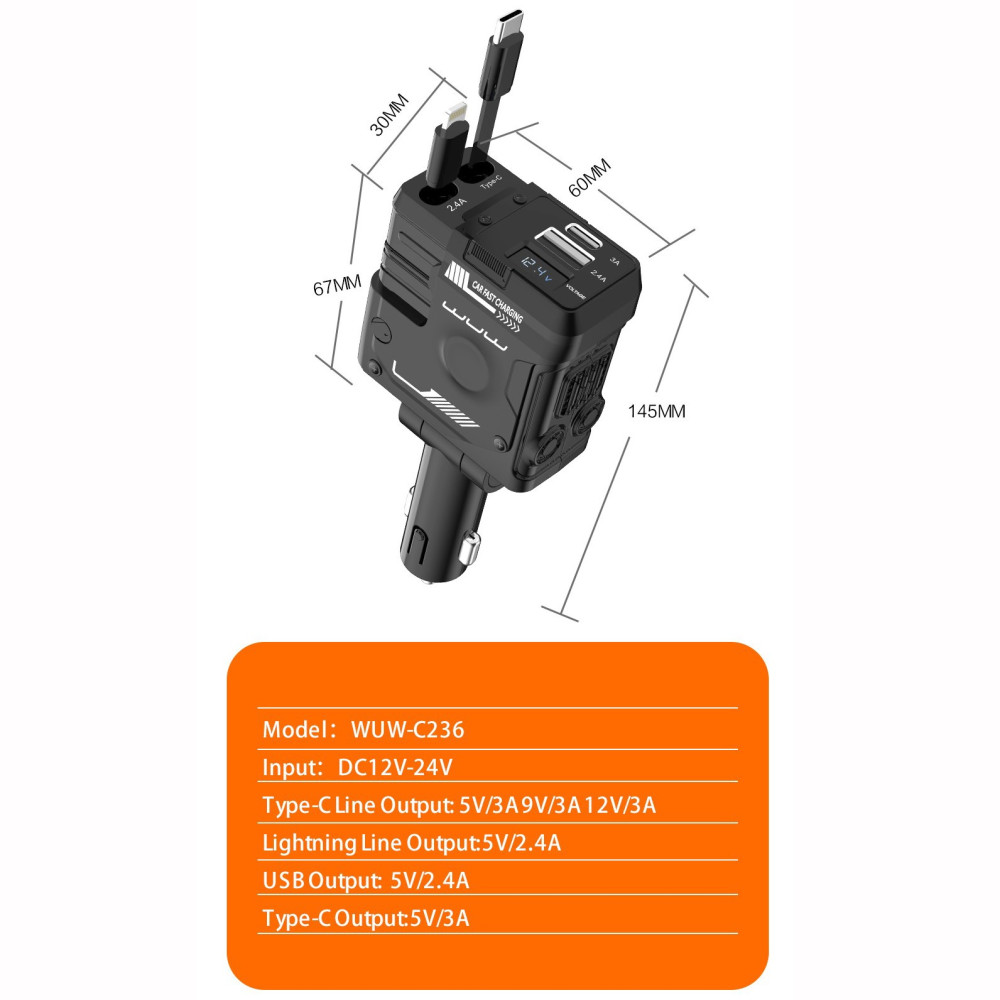 Автомобільний зарядний пристрій WUW C236 36W (with cable Type-C+Lightning)