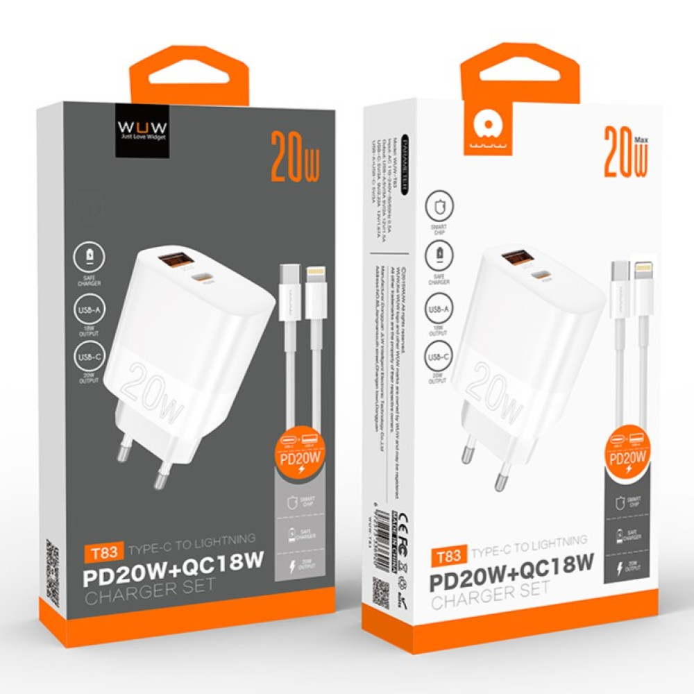 Мережевий зарядний пристрій WUW T83 PD20W+QC3.0 Type-C to Lightning