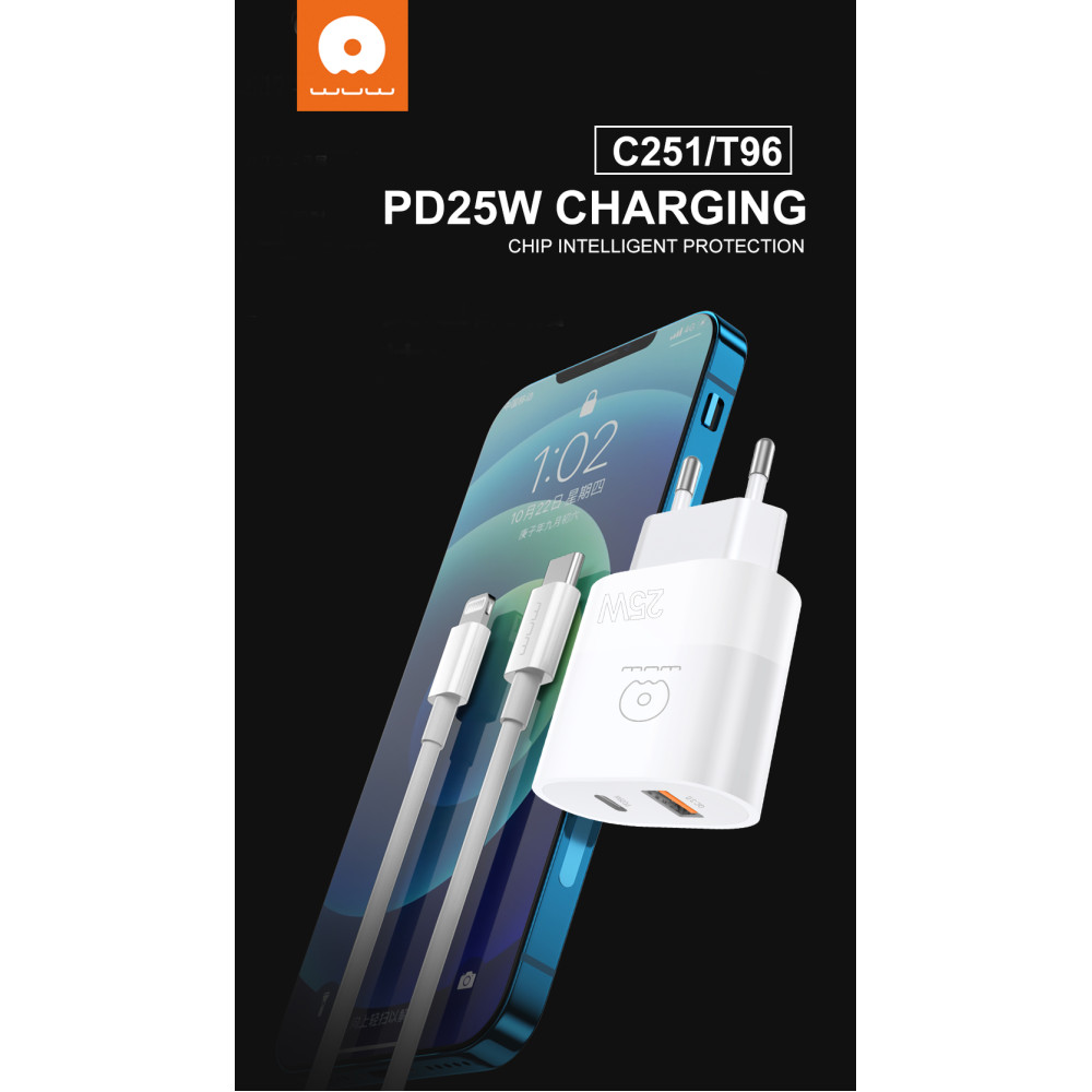 Мережевий зарядний пристрій WUW T96 PD25W+QC3.0 Type-C to Lightning