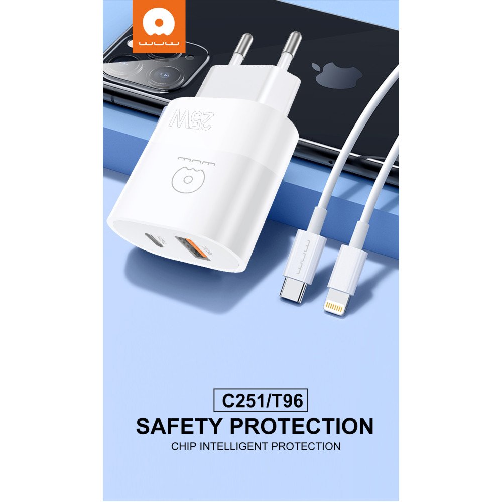 Мережевий зарядний пристрій WUW T96 PD25W+QC3.0 Type-C to Lightning