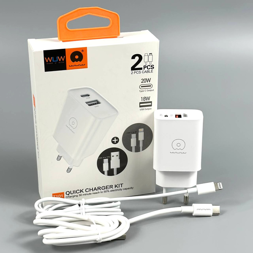 Мережевий зарядний пристрій WUW T101 PD20W+QC3.0 Lightning to Type-C + USB to Type-C