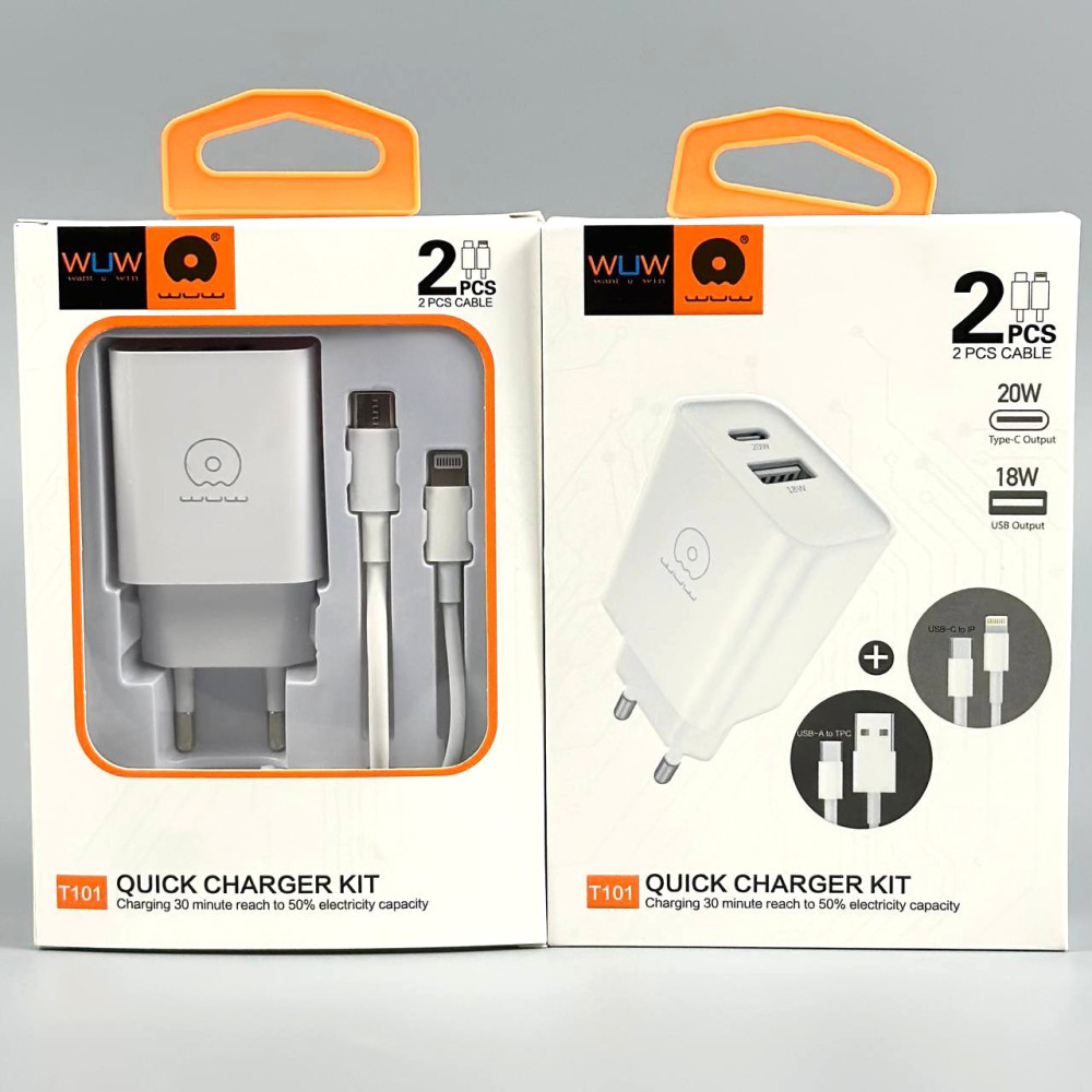 Мережевий зарядний пристрій WUW T101 PD20W+QC3.0 Lightning to Type-C + USB to Type-C