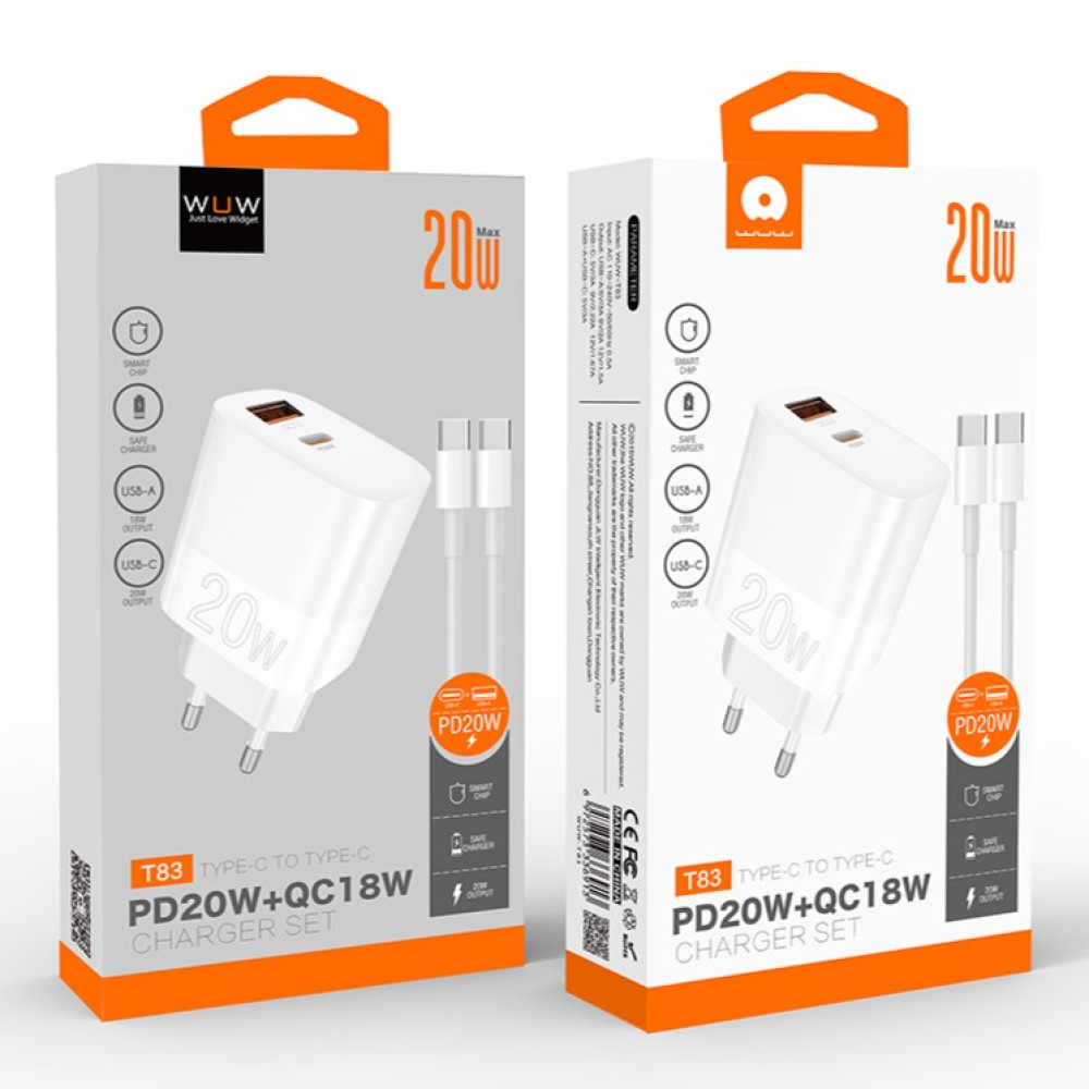 Мережевий зарядний пристрій WUW T83 PD20W+QC3.0 Type-C to Type-C