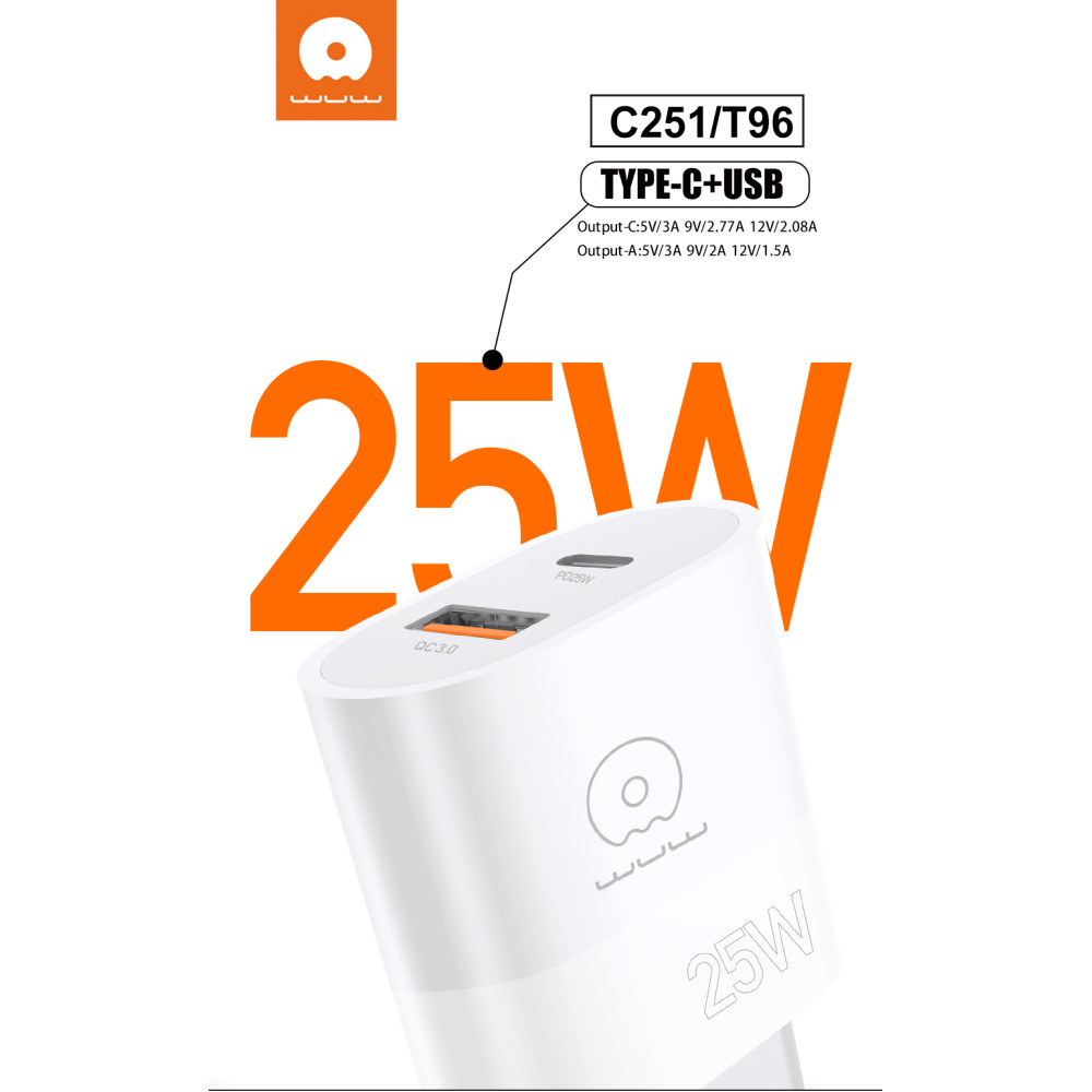 Мережевий зарядний пристрій WUW T96 PD25W+QC3.0 Type-C to Type-C