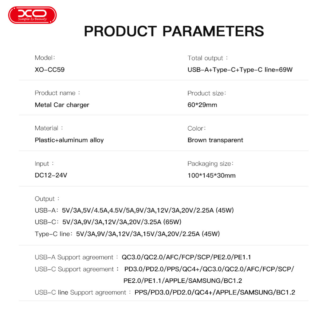 Автомобільний зарядний пристрій XO CC59 з вбудованим кабелем Type-C 110W
