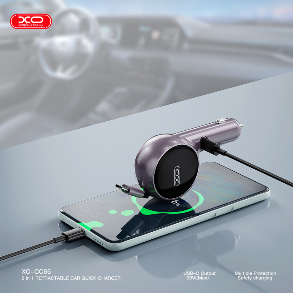 Автомобільний зарядний пристрій XO CC65 2in1 з вбудованим кабелем Type-C 60W 0,9m