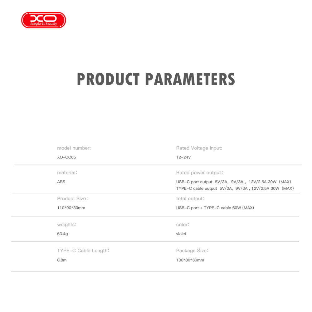 Автомобільний зарядний пристрій XO CC65 2in1 з вбудованим кабелем Type-C 60W 0,9m