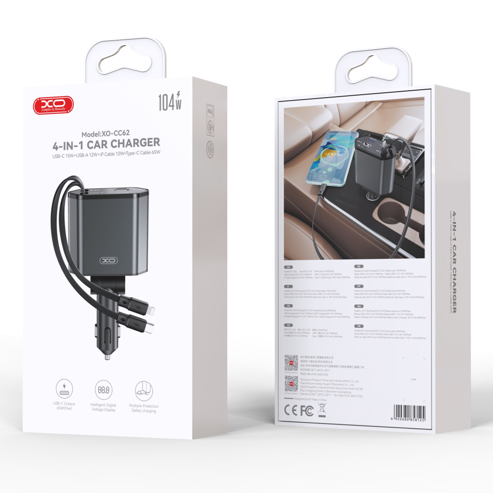 Автомобільний зарядний пристрій XO CC62 Smart 4in1 5V3A (з висувним кабелем Type-C 100W+Lightning 12W 0,8m)