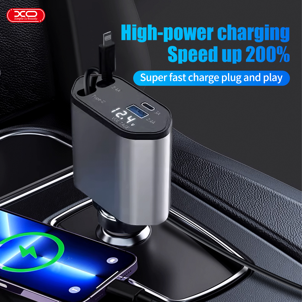 Автомобільний зарядний пристрій XO CC62 Smart 4in1 5V3A (з висувним кабелем Type-C 100W+Lightning 12W 0,8m)