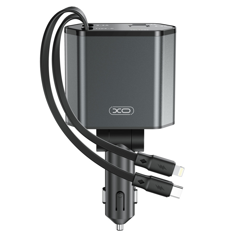 Автомобільний зарядний пристрій XO CC62 Smart 4in1 5V3A (з висувним кабелем Type-C 100W+Lightning 12W 0,8m)