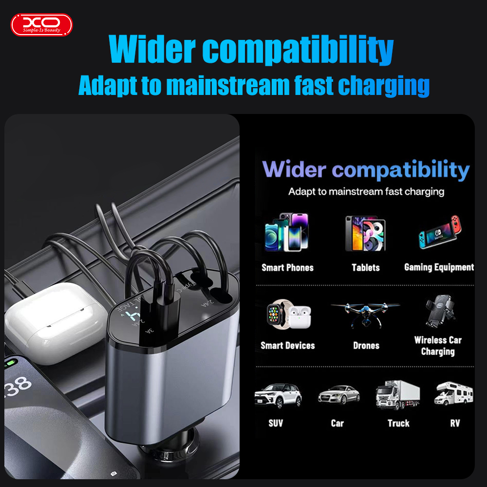 Автомобільний зарядний пристрій XO CC62 Smart 4in1 5V3A (з висувним кабелем Type-C 100W+Lightning 12W 0,8m)