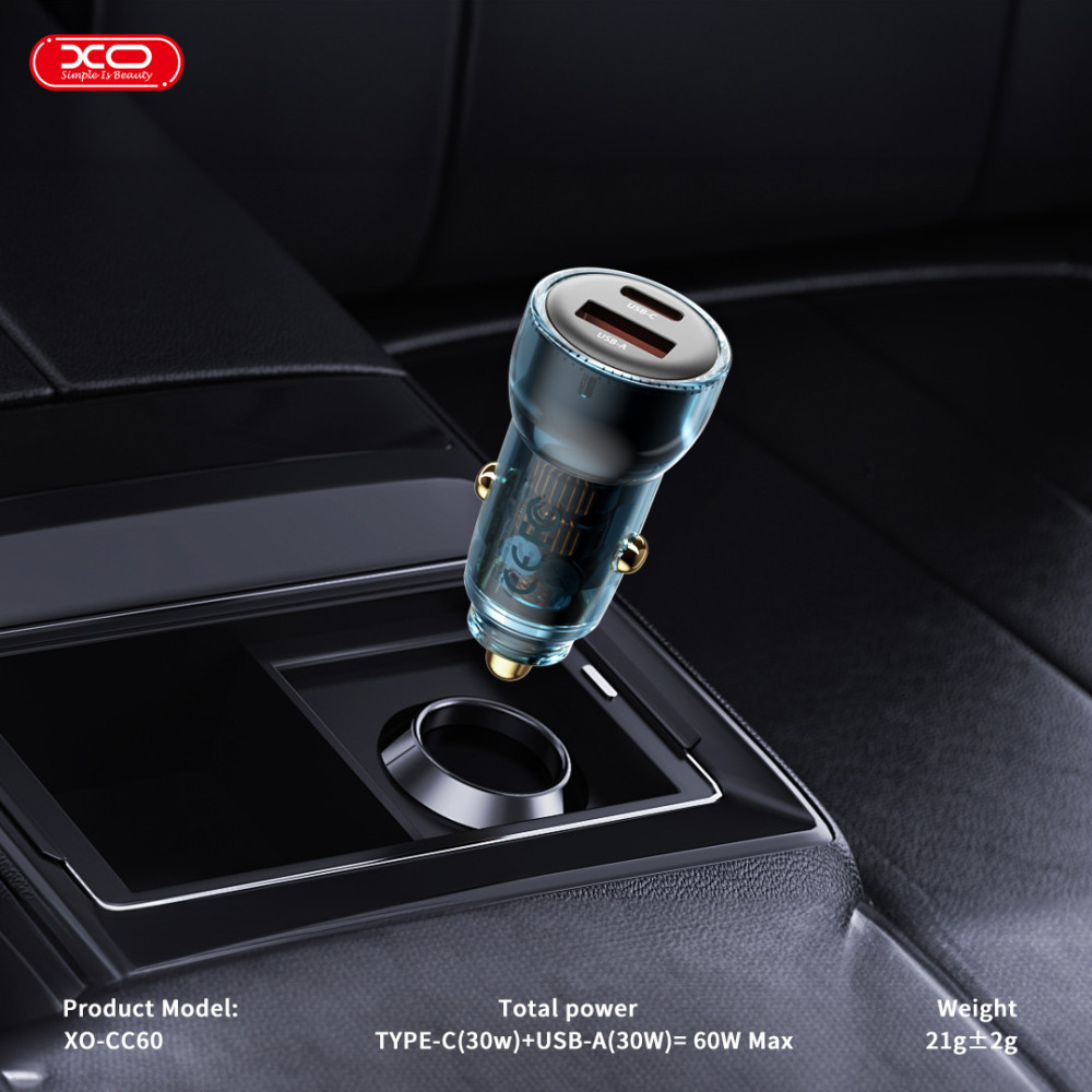 Автомобільний зарядний пристрій XO CC60 Smart 60W Type-C to Type-C
