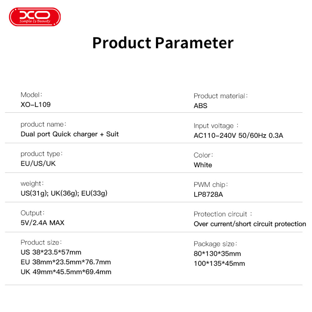 Мережевий зарядний пристрій XO L109 2.4A Type-C
