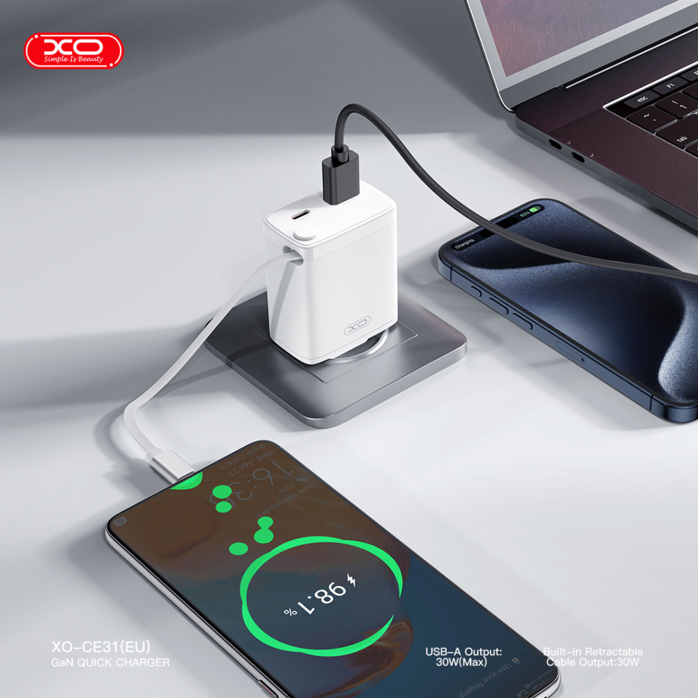 Мережевий зарядний пристрій XO CE31 GaN 30W з висувним кабелем Type-C