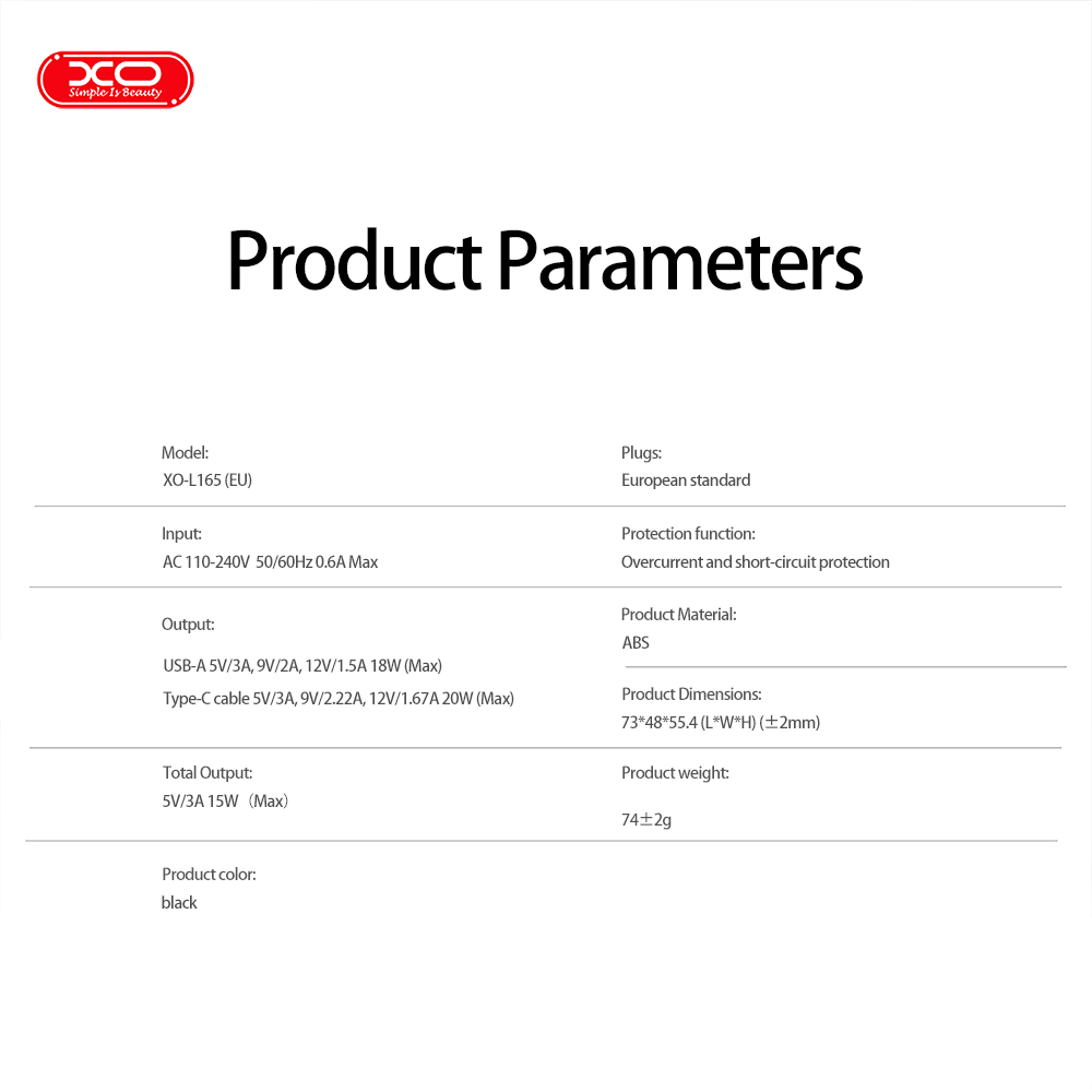 Мережевий зарядний пристрій XO L165 Telescopic 20W Type-C