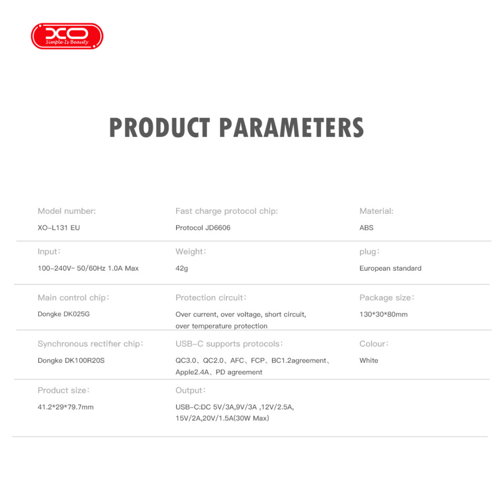 Мережевий зарядний пристрій XO L131 GaN PD30W Type-C to Type-C