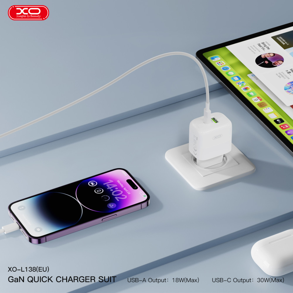 Мережевий зарядний пристрій XO L138 GaN nitride 30W Type-C to Type-C