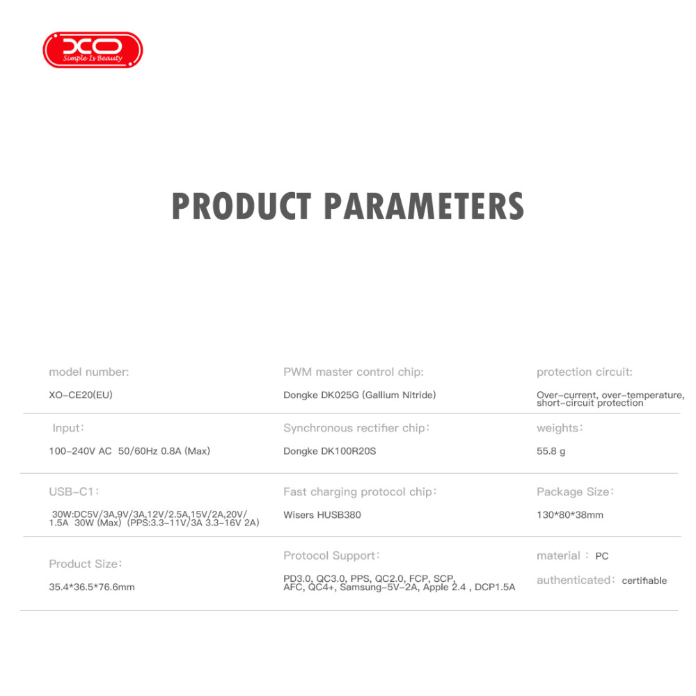 Мережевий зарядний пристрій XO CE20 GaN nitride 30W Type-C to Type-C