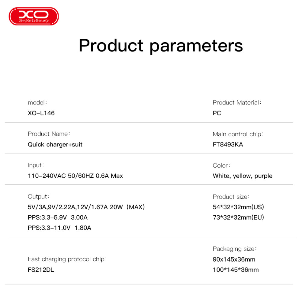Мережевий зарядний пристрій XO L146 PD20W Type-C to Type-C