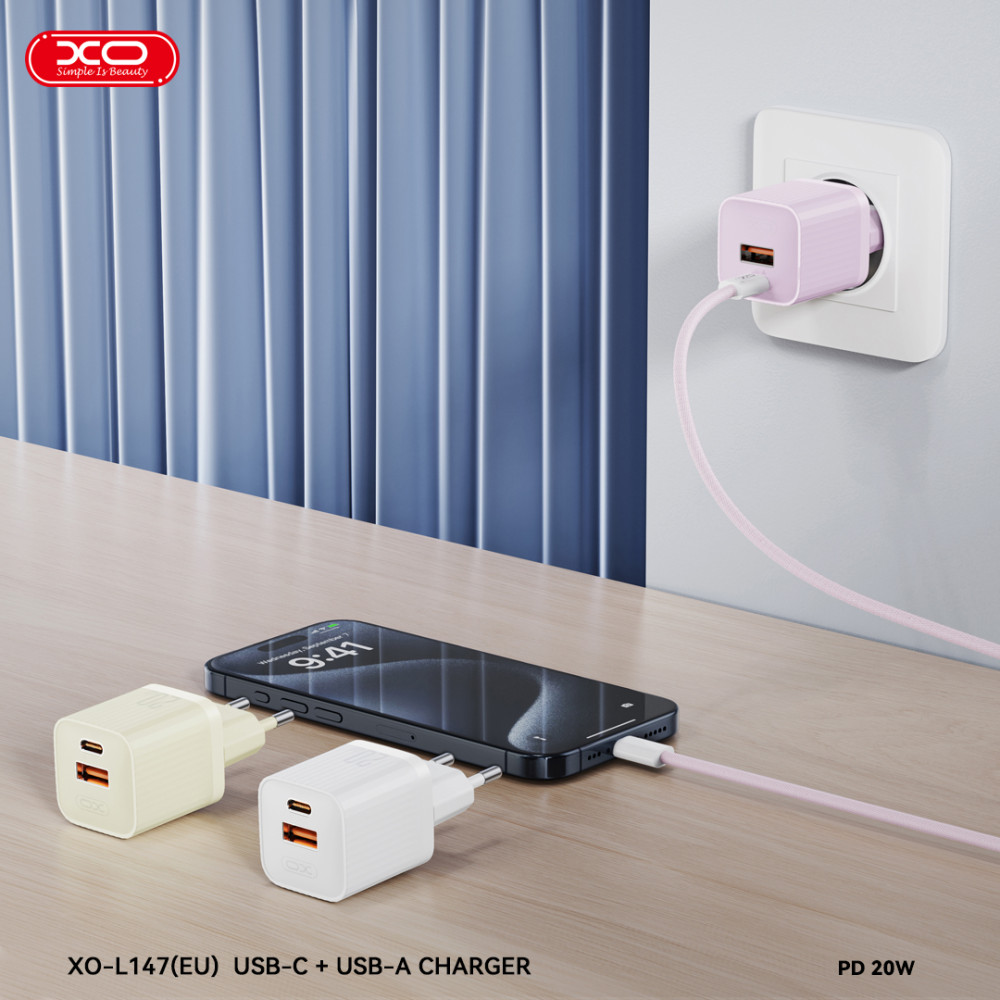 Мережевий зарядний пристрій XO L147 PD20W+QC3.0 Type-C to Type-C