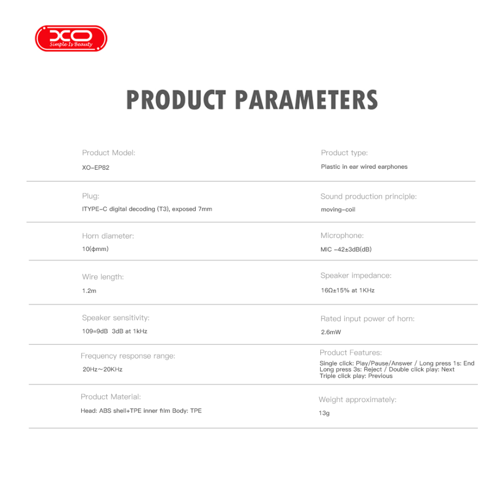 Навушники XO EP82 Crystal-Clear Calls Type-C