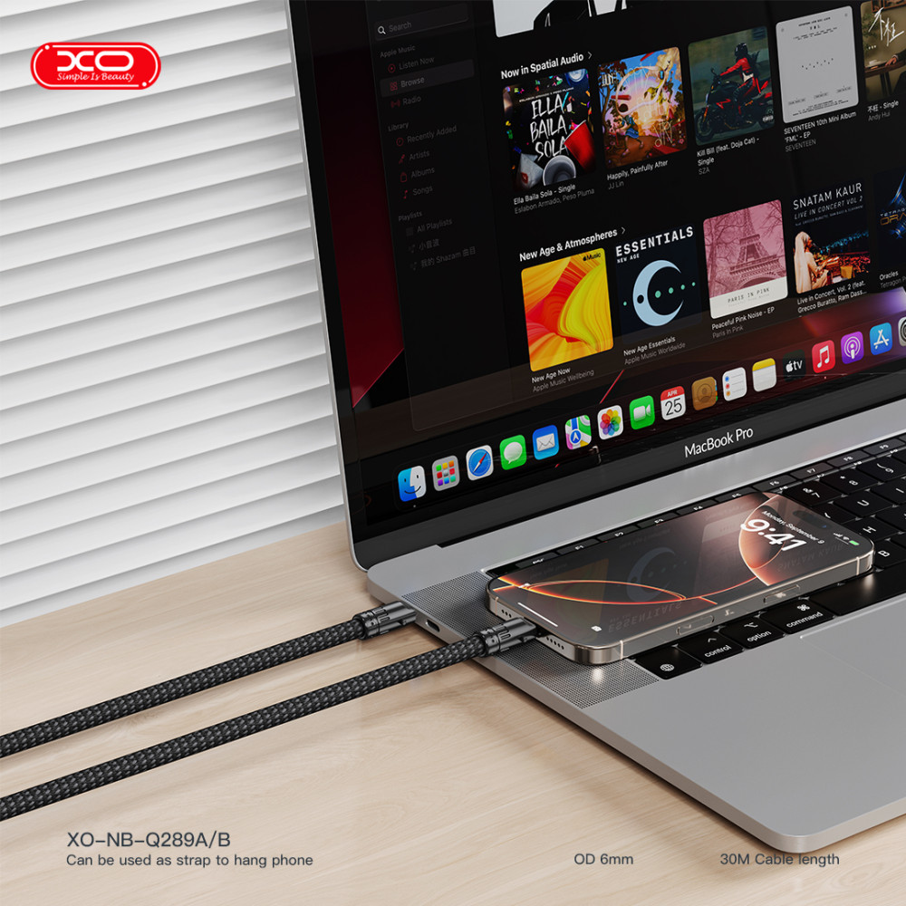 Шнурок-тримач з кабелем XO NB-Q289B Bullet на руку Type-C to Type-C 60W 0.30m
