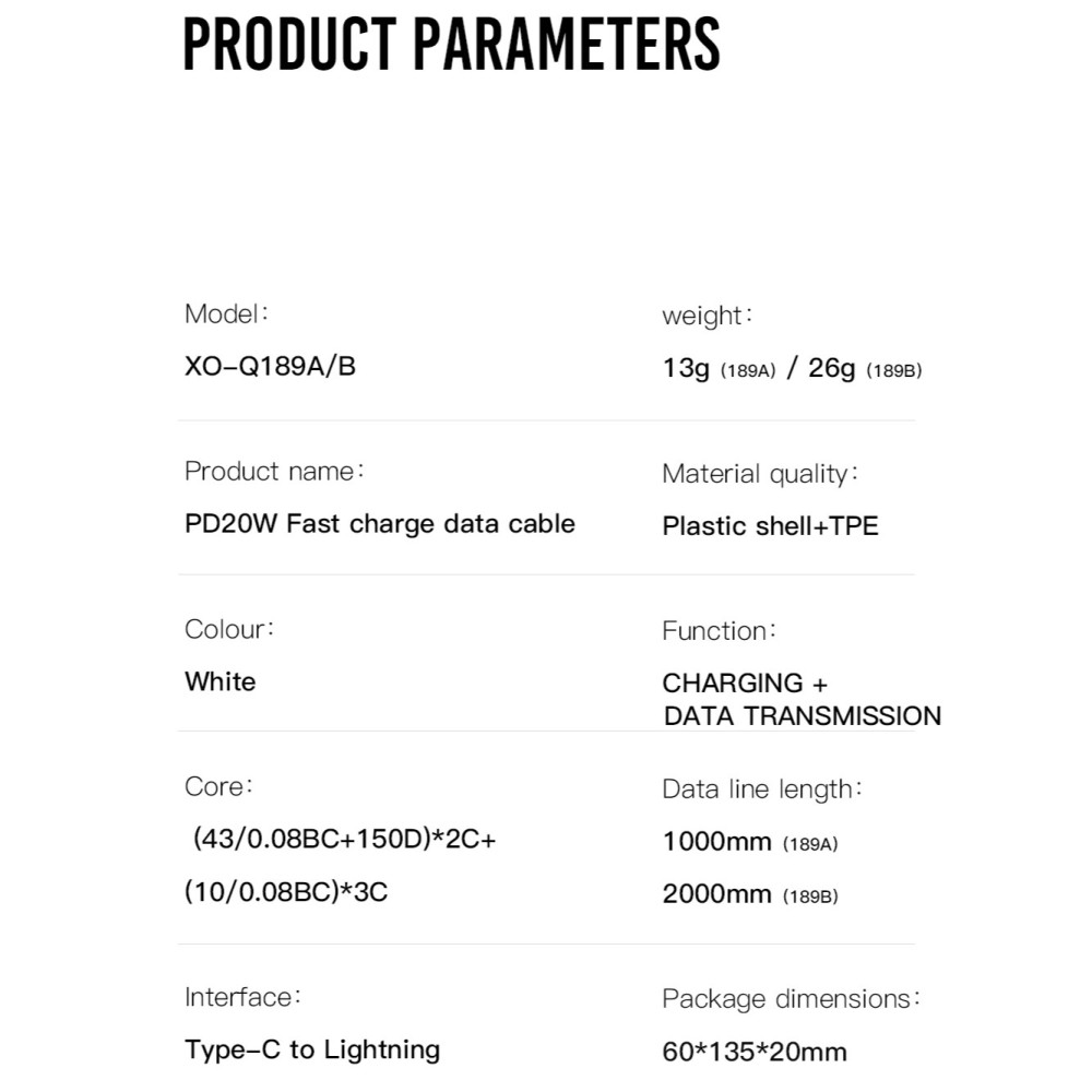 Data Cable XO NB-Q189A Type-C to Lightning 20W 1m