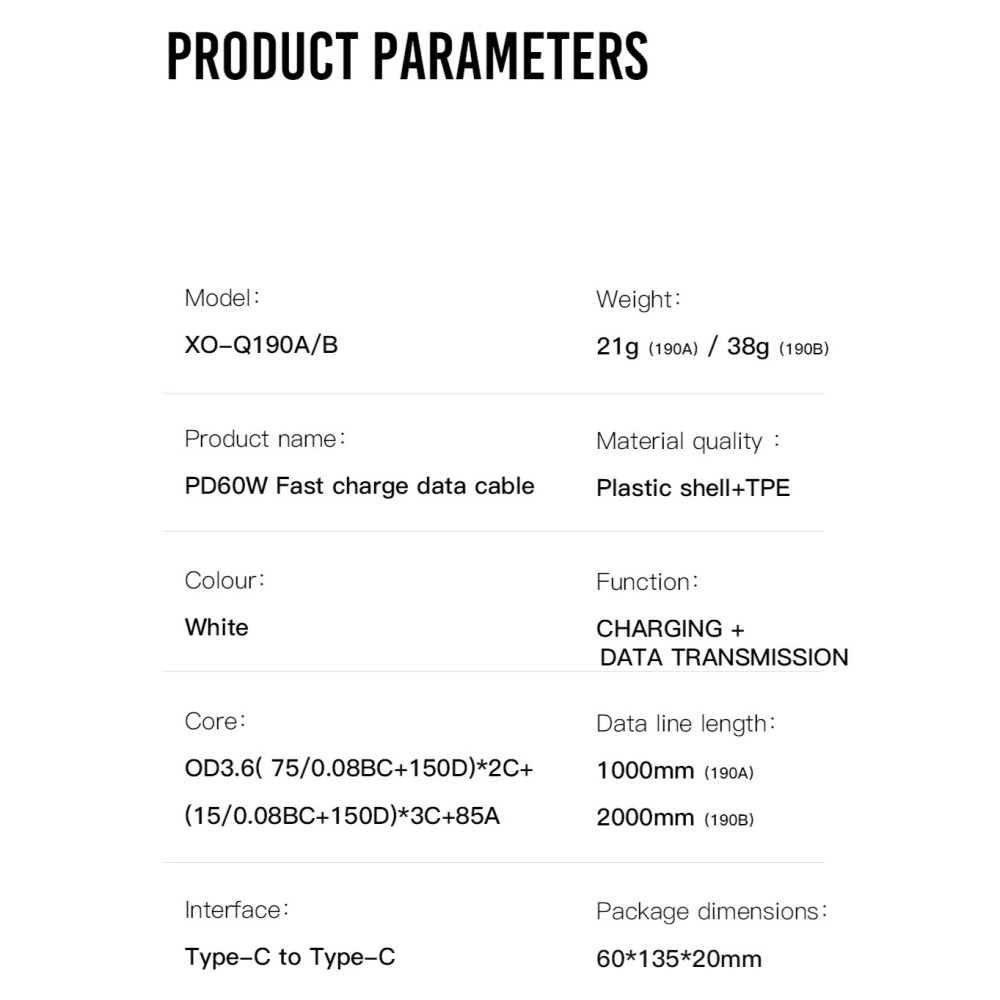 Data Cable XO NB-Q190A Type-C to Type-C 60W 1m