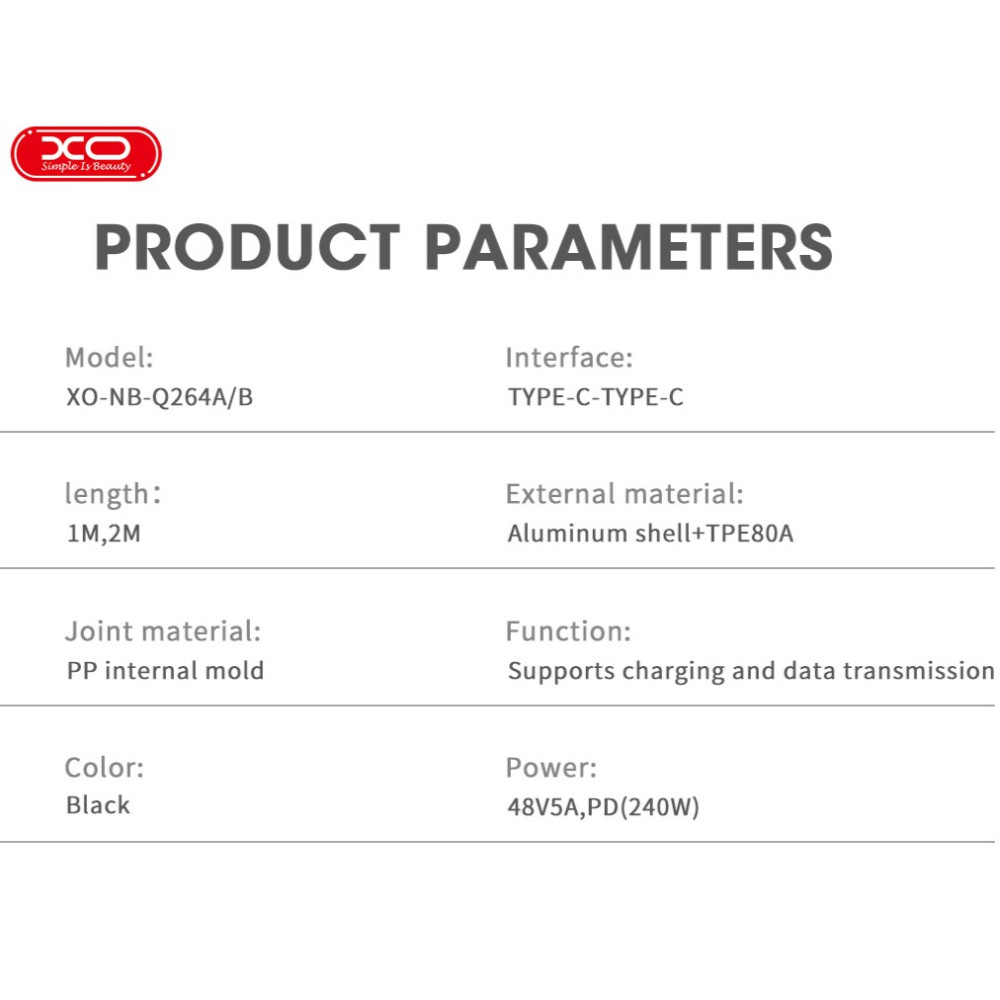 Data Cable XO NB-Q264B High Power Type-C to Type-C 240W 2m